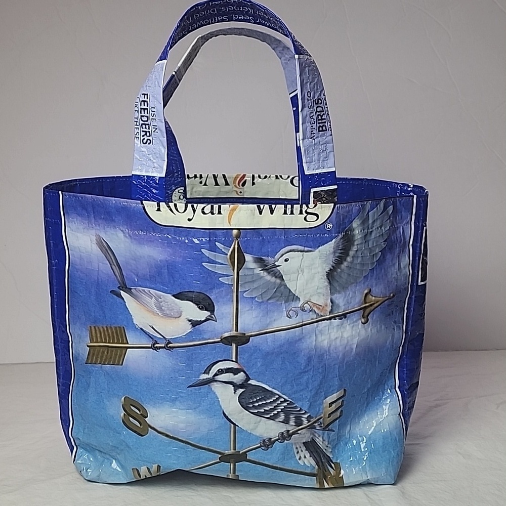 Recycled Upcycled Repurposed Feed Sack Shopping Bag Tote Bird Lined Pocket
